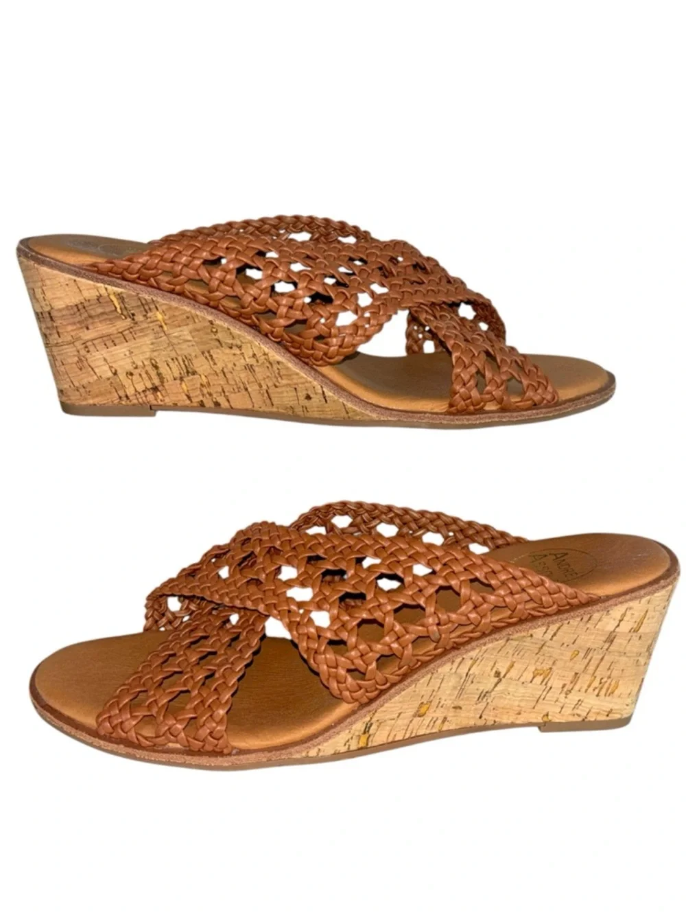 Andre Assous Bryana Woven Leather Cork Wedge Slide Sandals Brown 9 NWOT